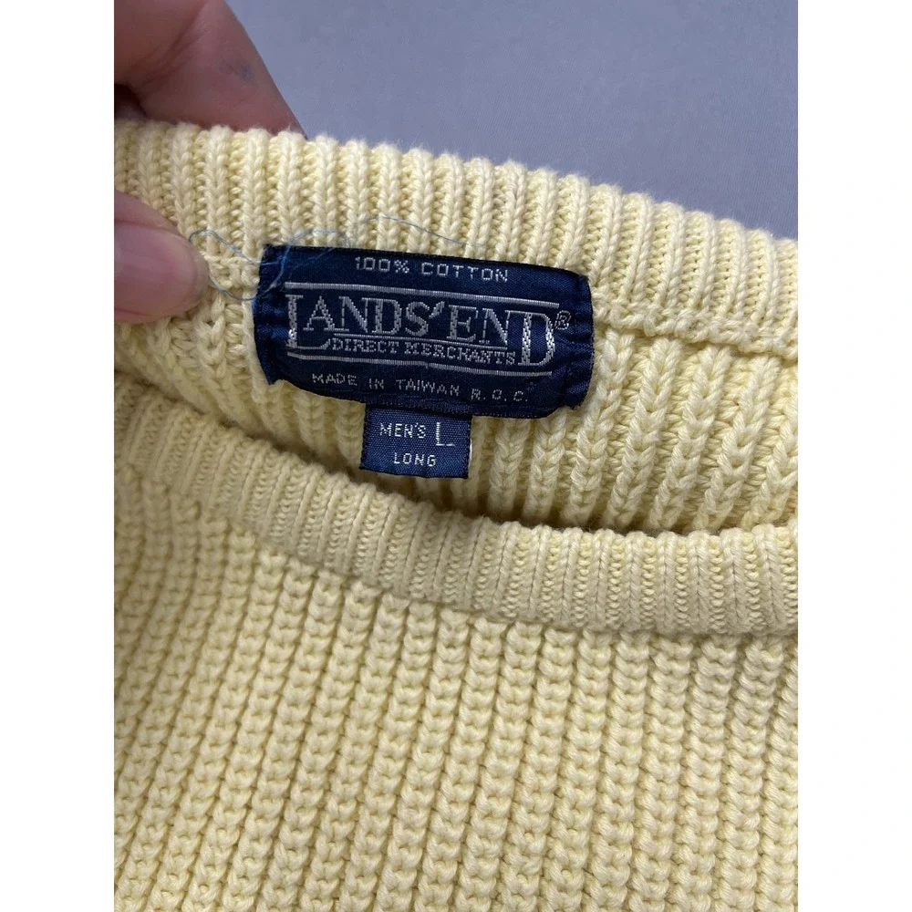 Lands End Mens Sweater Large Fisherman Cotton Rib Knit Crew Neck Yellow Vintage‎